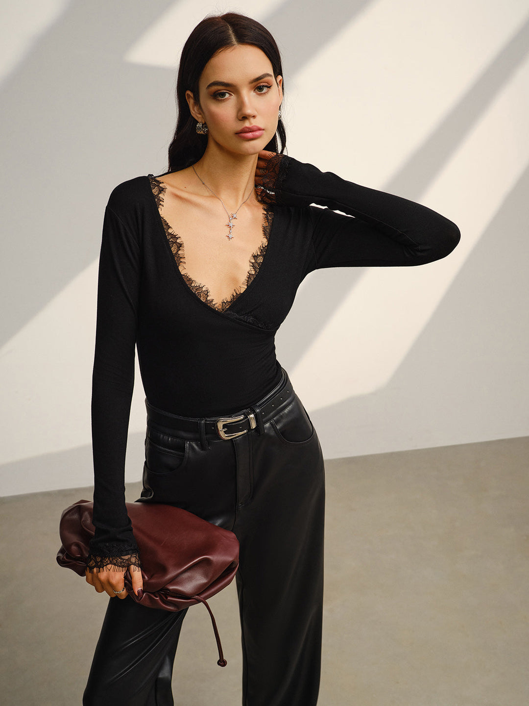 V-Neck Lace Trim Skinny T-Shirt  Liora Lane Boutique T-Shirts