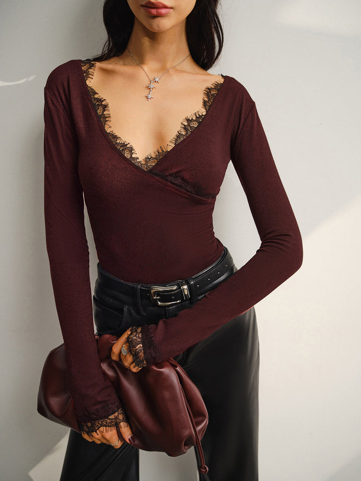 V-Neck Lace Trim Skinny T-Shirt  Liora Lane Boutique T-Shirts Burgundy / XL 29.00