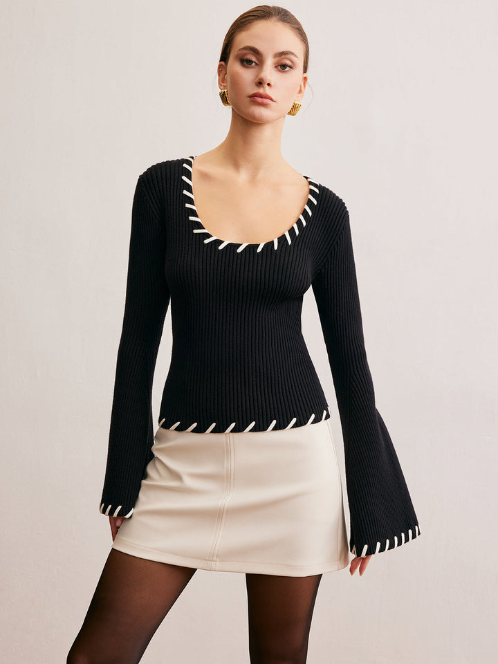 Bell-Sleeve Contrast Trim Knit Top  Liora Lane Boutique Knit Tops