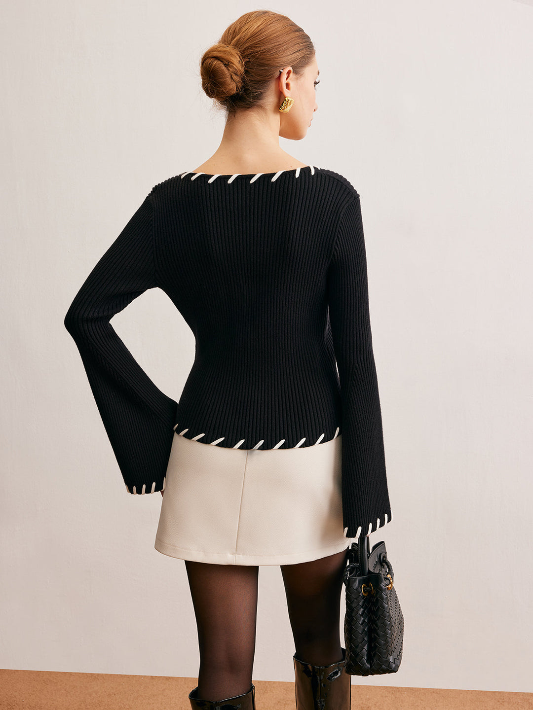 Bell-Sleeve Contrast Trim Knit Top  Liora Lane Boutique Knit Tops