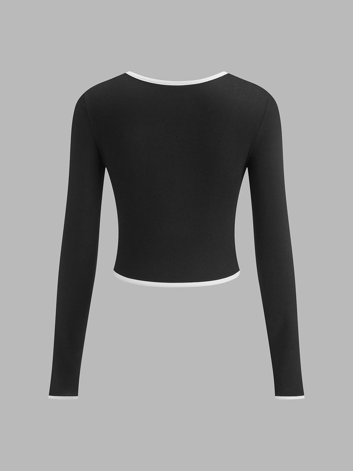 Square Neck Contrast Trim Long Sleeve Knit Shirt  Liora Lane Boutique T-Shirts