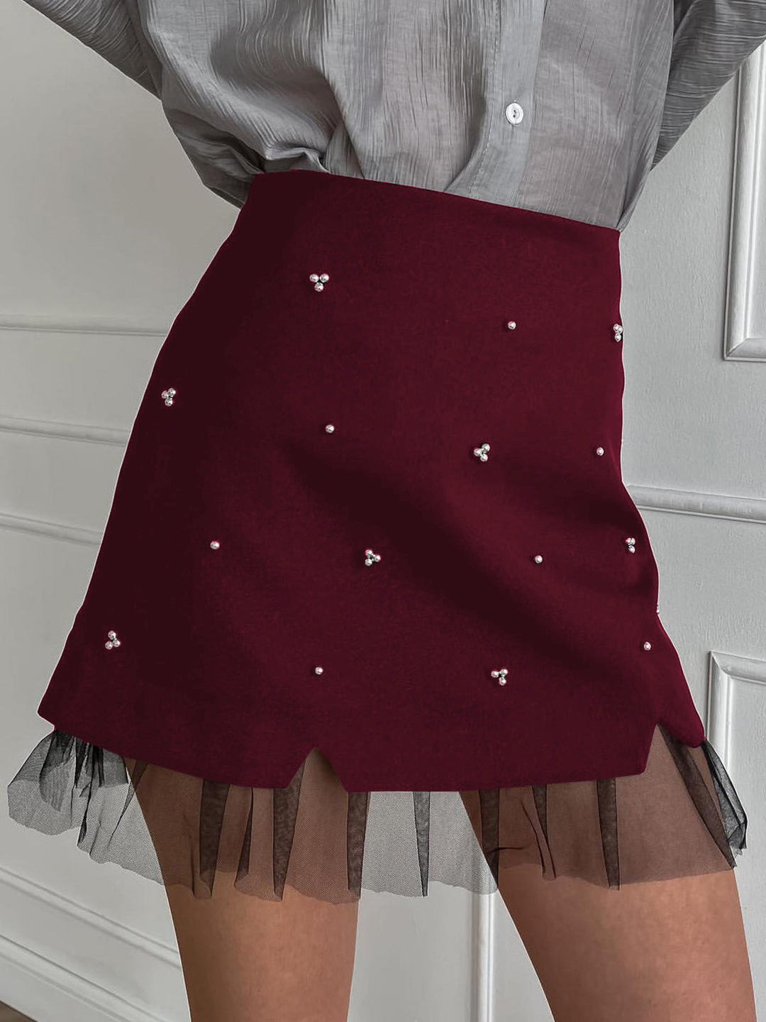 Beaded Tulle Trim A Line Skirt  Liora Lane Boutique Skirts Burgundy / XL 32.00
