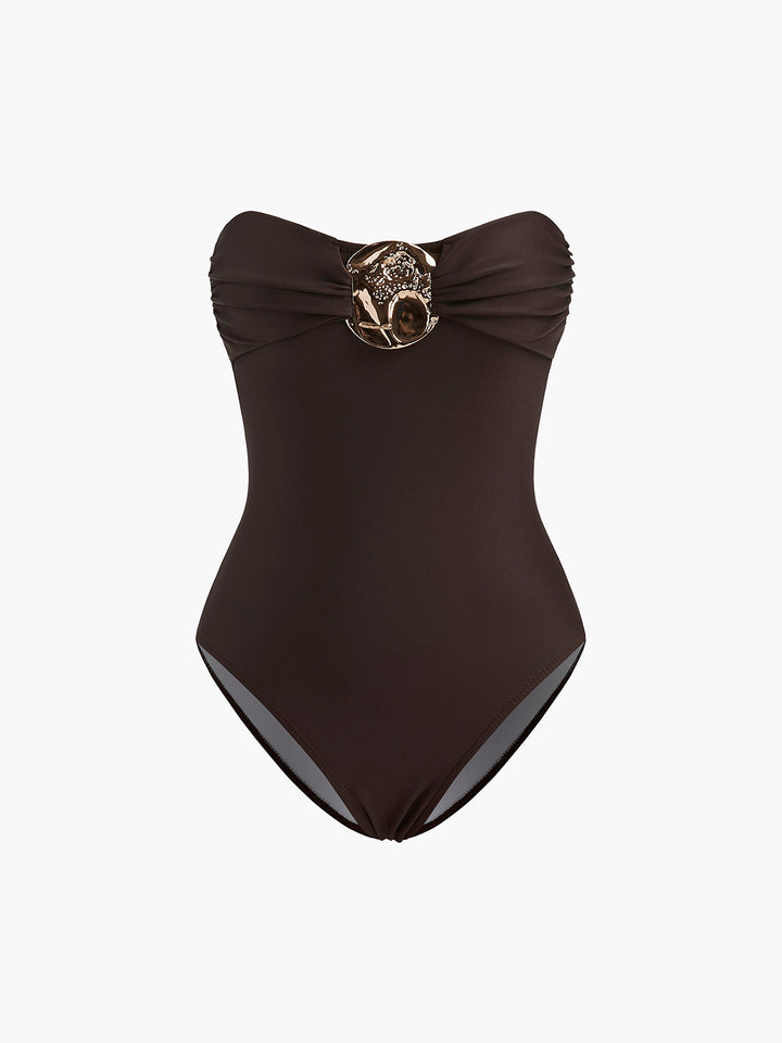 Metal Detail Twist Front One-Piece Swimsuit  Liora Lane Boutique One-Pieces Brown / L 83.99