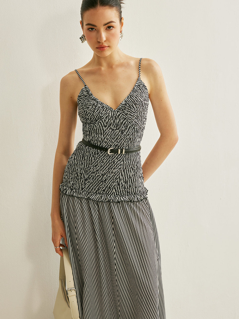 Shirred V-Neck Sleeveless Pleated Dress  Liora Lane Boutique Dresses