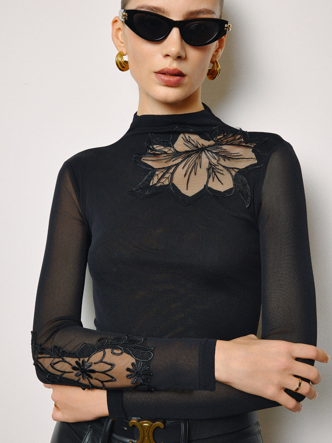 Semi-Sheer Mesh-Floral Slim Jersey Top  Liora Lane Boutique T-Shirts