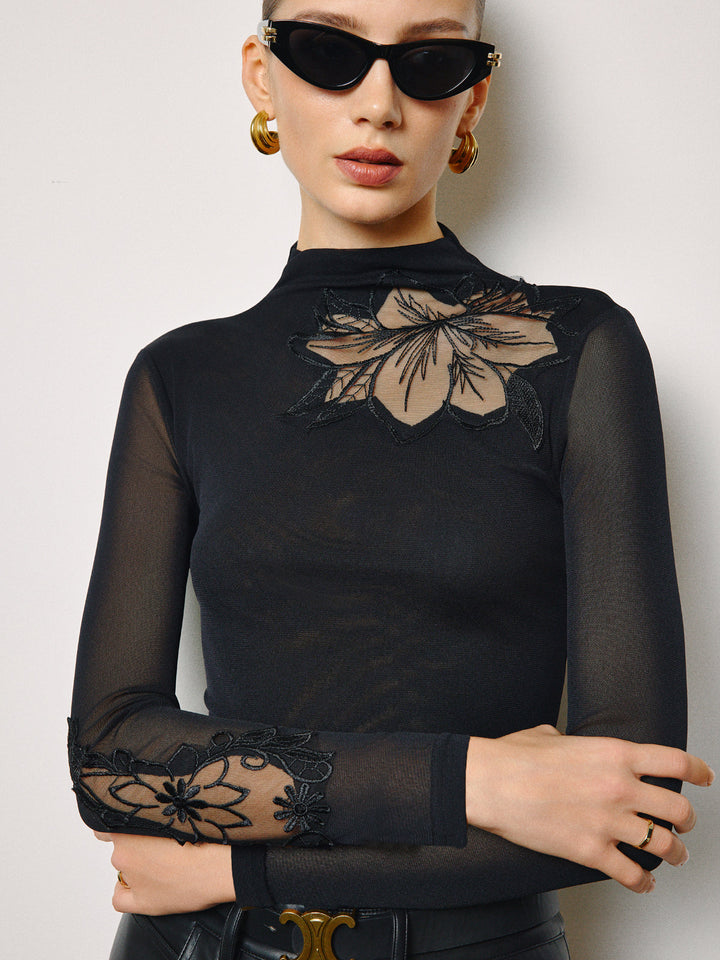 Semi-Sheer Mesh-Floral Slim Jersey Top  Liora Lane Boutique T-Shirts