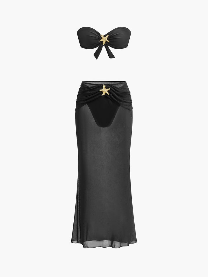 Starfish-Detail Bandeau Bikini With Mesh Skirt  Liora Lane Boutique Bikini Sets Black / L 107.99