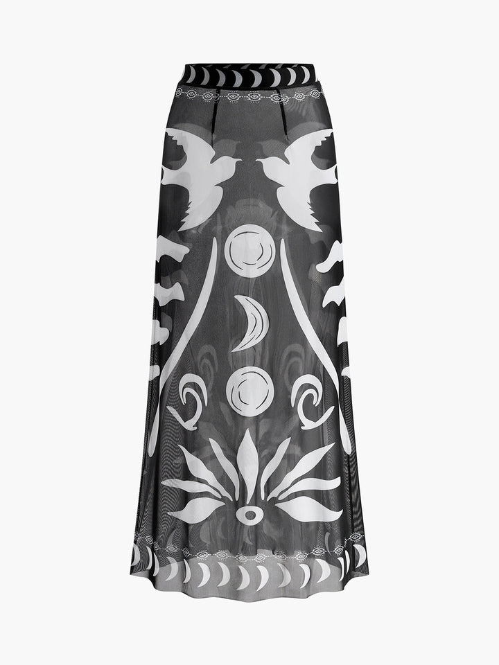 Sheer Printed Mesh Beach Cover-Up Skirt  Liora Lane Boutique Kimonos & Cover Ups Black / XL 86.99