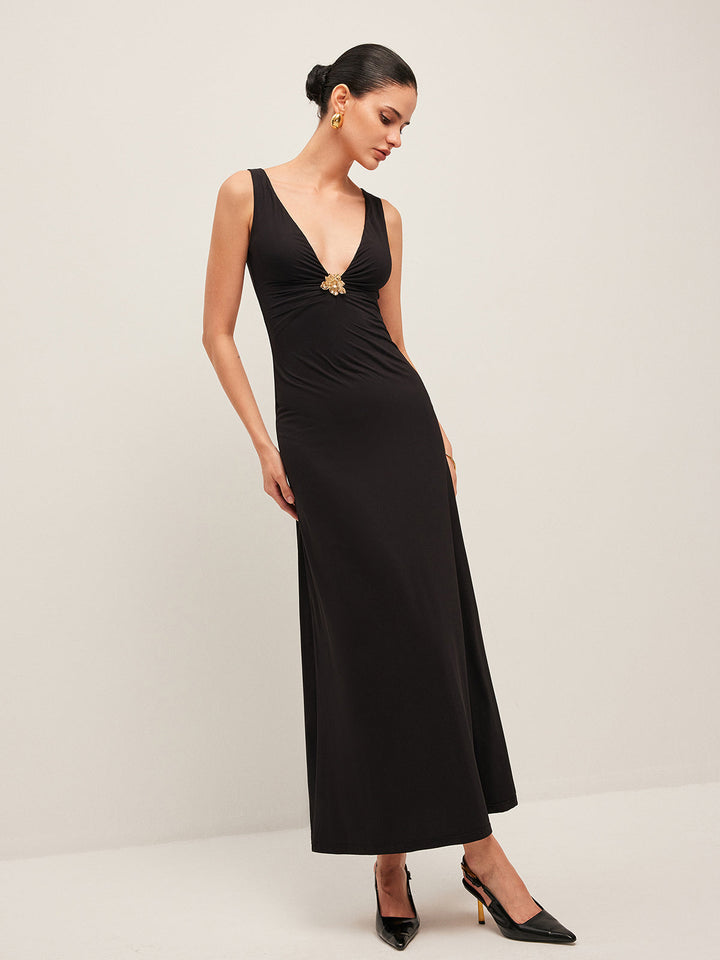 Gold Floral Detail V-Neck Sleeveless Dress  Liora Lane Boutique Dresses Black / XL 39.00