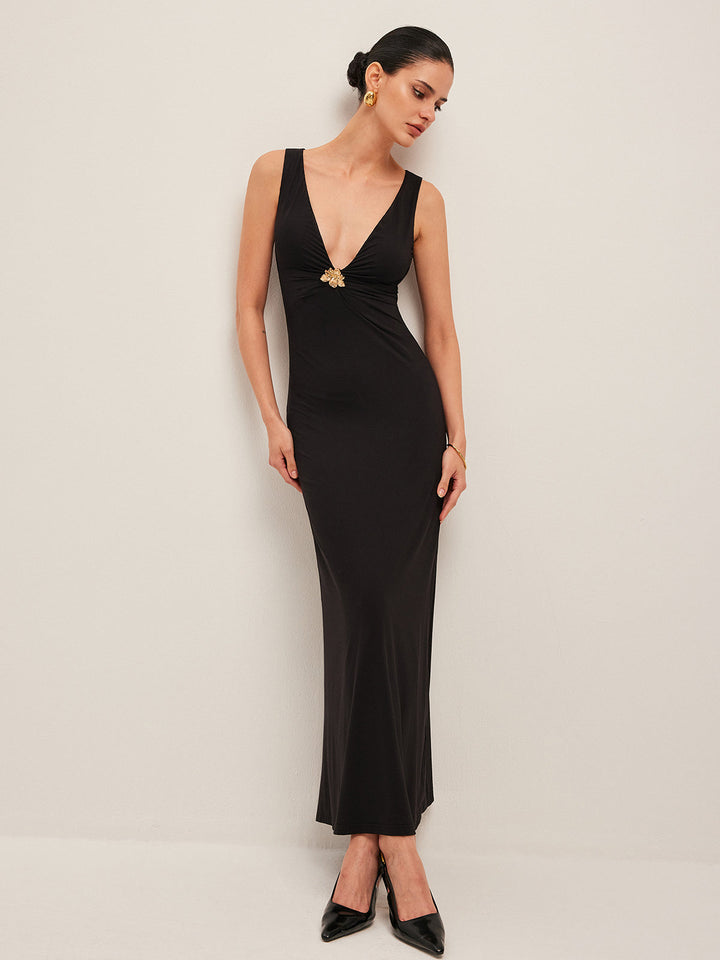 Gold Floral Detail V-Neck Sleeveless Dress  Liora Lane Boutique Dresses