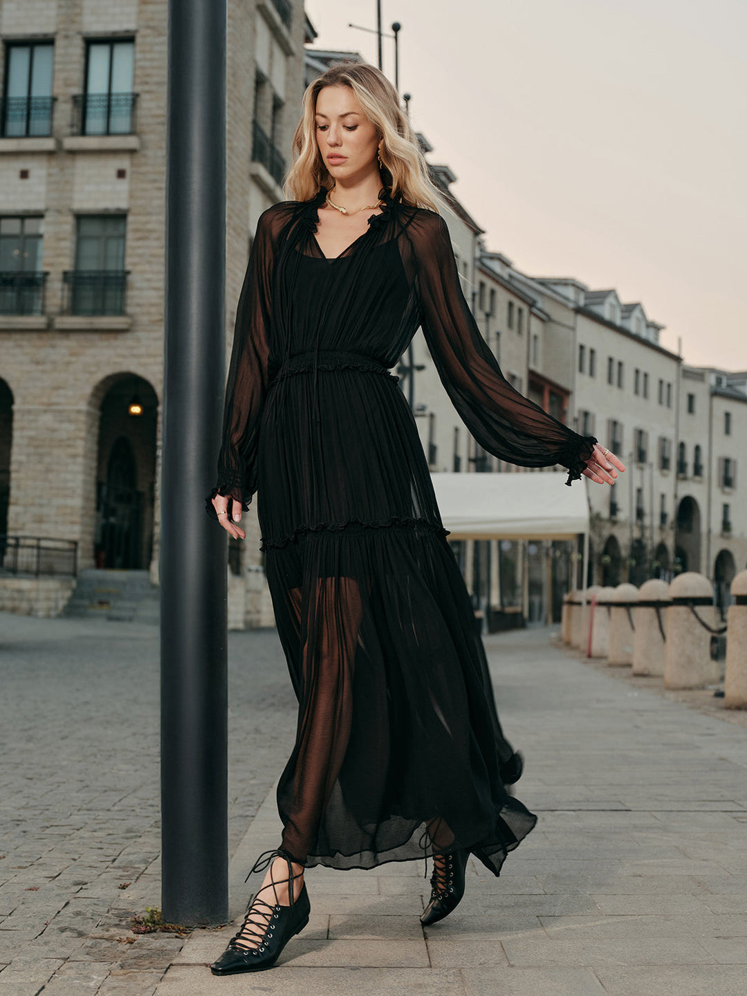 Ruffled Chiffon Semi-Sheer Dress  Liora Lane Boutique Dresses