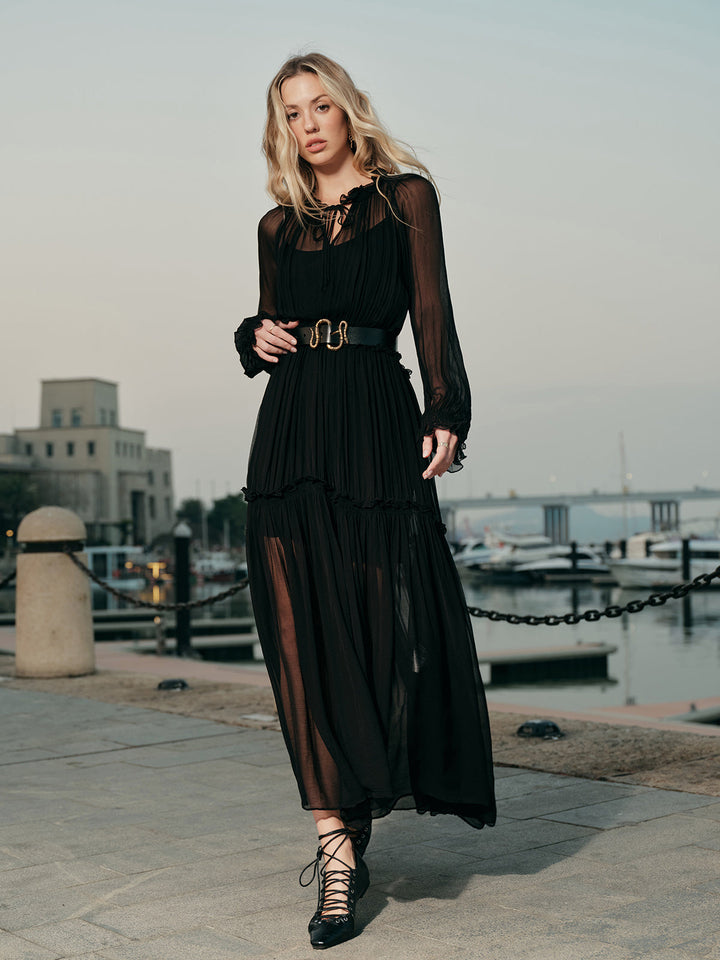 Ruffled Chiffon Semi-Sheer Dress  Liora Lane Boutique Dresses Black / XL 89.99