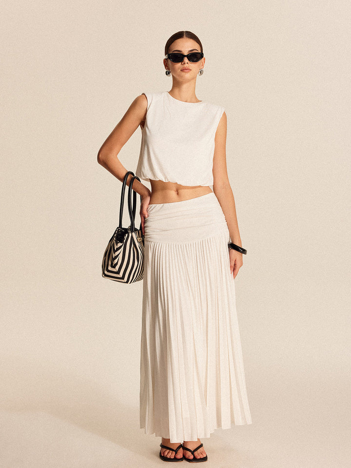 Shoulder-Padded Pleated Skirt Set  Liora Lane Boutique Skirt Sets