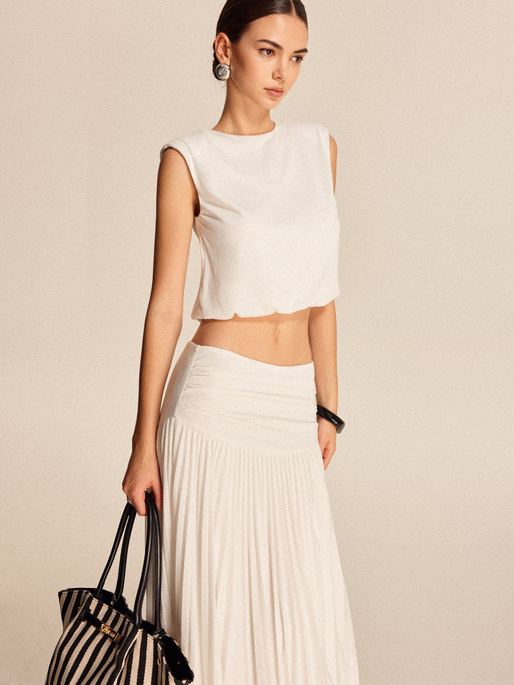 Shoulder-Padded Pleated Skirt Set  Liora Lane Boutique Skirt Sets