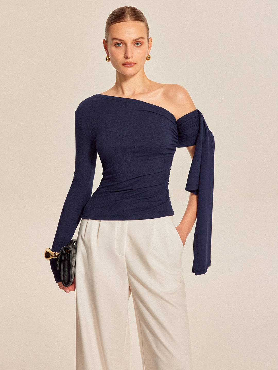 Asymmetrical Draped Sleeve Top  Liora Lane Boutique T-Shirts