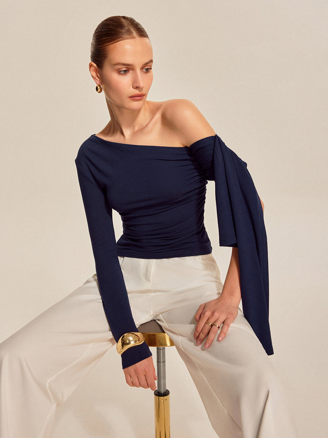 Asymmetrical Draped Sleeve Top  Liora Lane Boutique T-Shirts