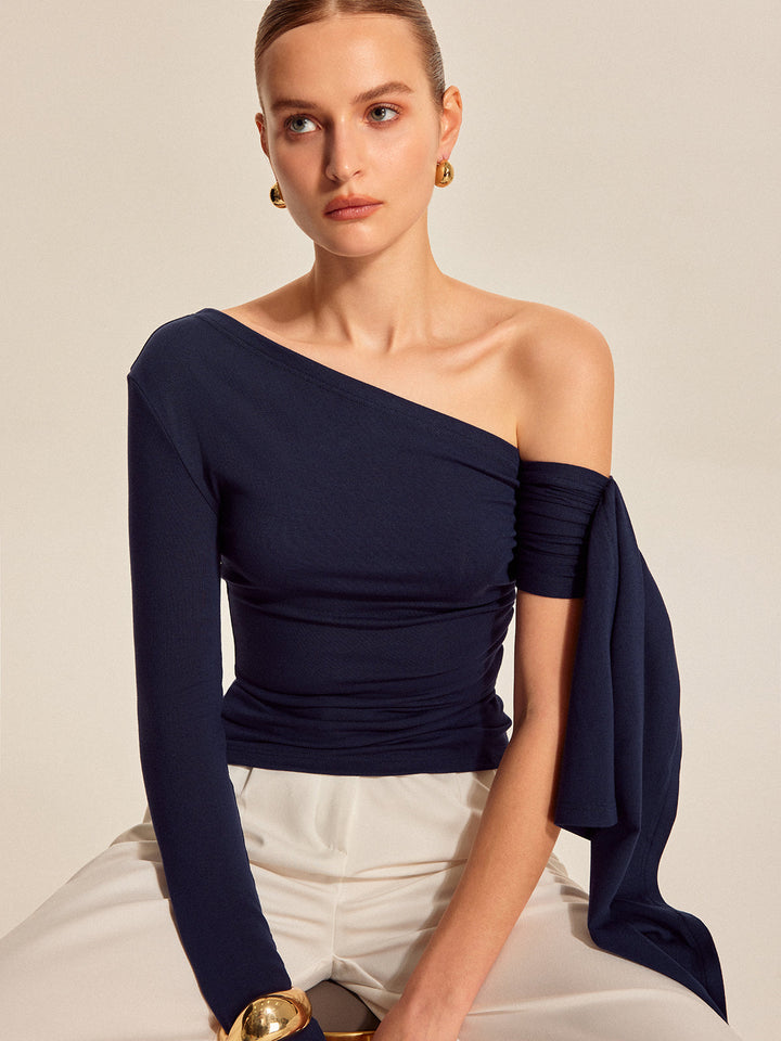 Asymmetrical Draped Sleeve Top  Liora Lane Boutique T-Shirts Navy / XL 29.00