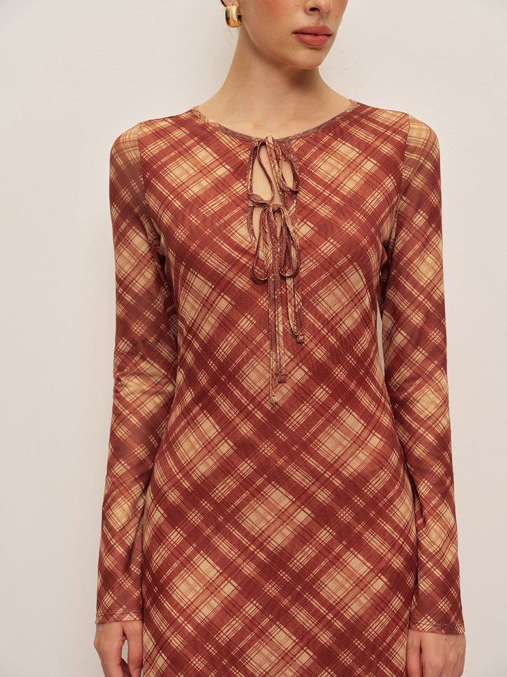Plaid Tie-Front Long Sleeve Dress  Liora Lane Boutique Dresses