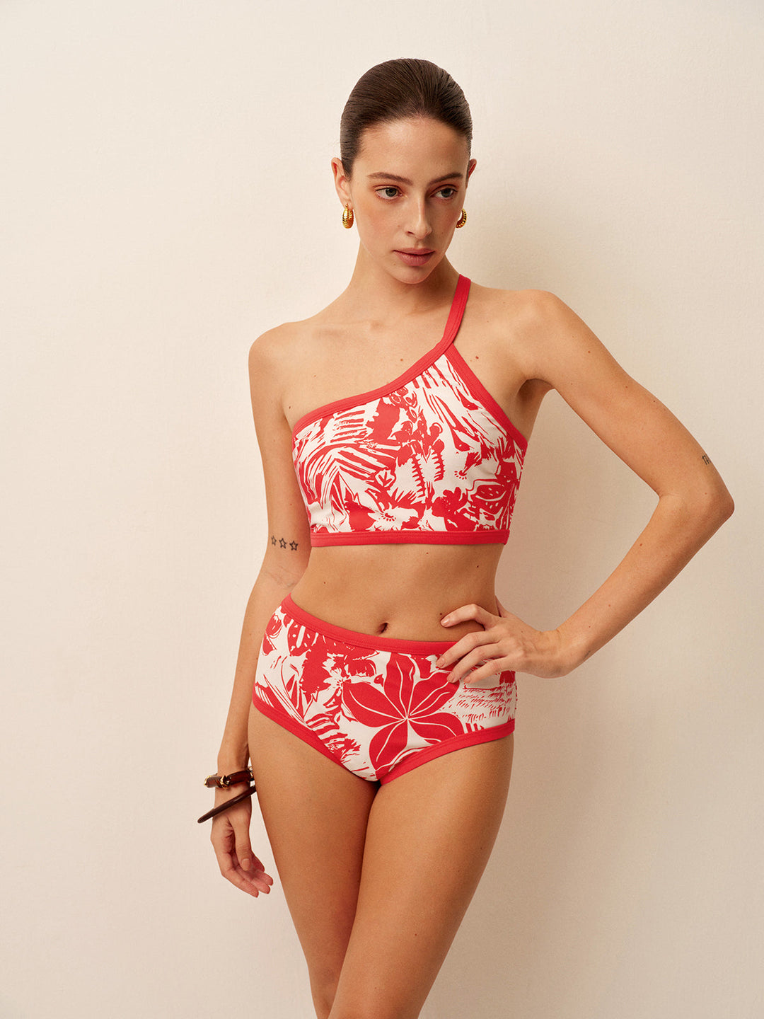 One-Shoulder Tropical Print Bikini Set  Liora Lane Boutique Bikini Sets Red / L 78.99