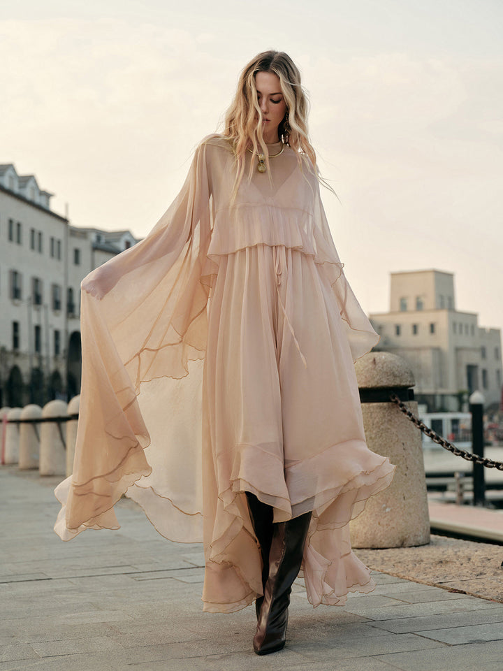 Semi-Sheer Chiffon Layered Dress With Cloak  Liora Lane Boutique Dresses Pink / XL 84.99