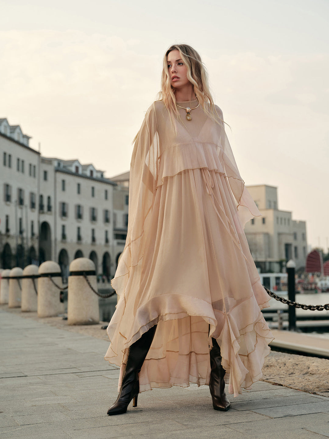 Semi-Sheer Chiffon Layered Dress With Cloak  Liora Lane Boutique Dresses