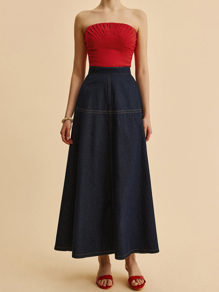 A-Line Denim Skirt With Side Pockets  Liora Lane Boutique Denim Skirts