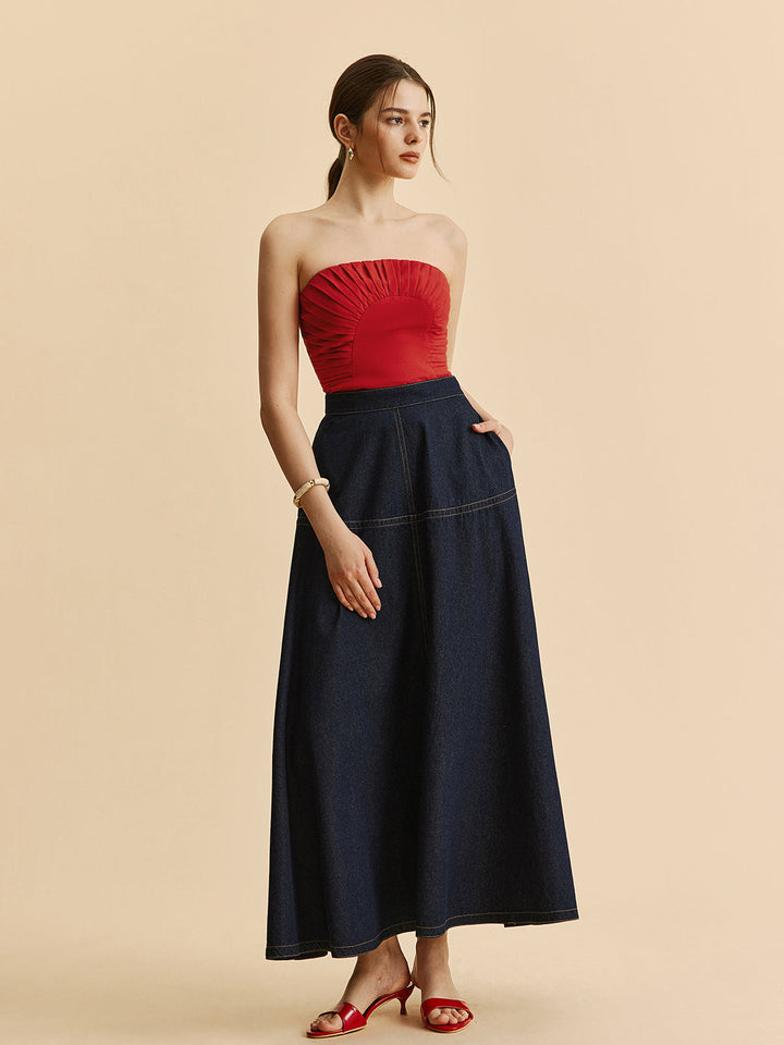 A-Line Denim Skirt With Side Pockets  Liora Lane Boutique Denim Skirts