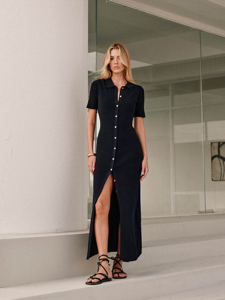 Metal Button Collar Midi Dress  Liora Lane Boutique Knit Dresses