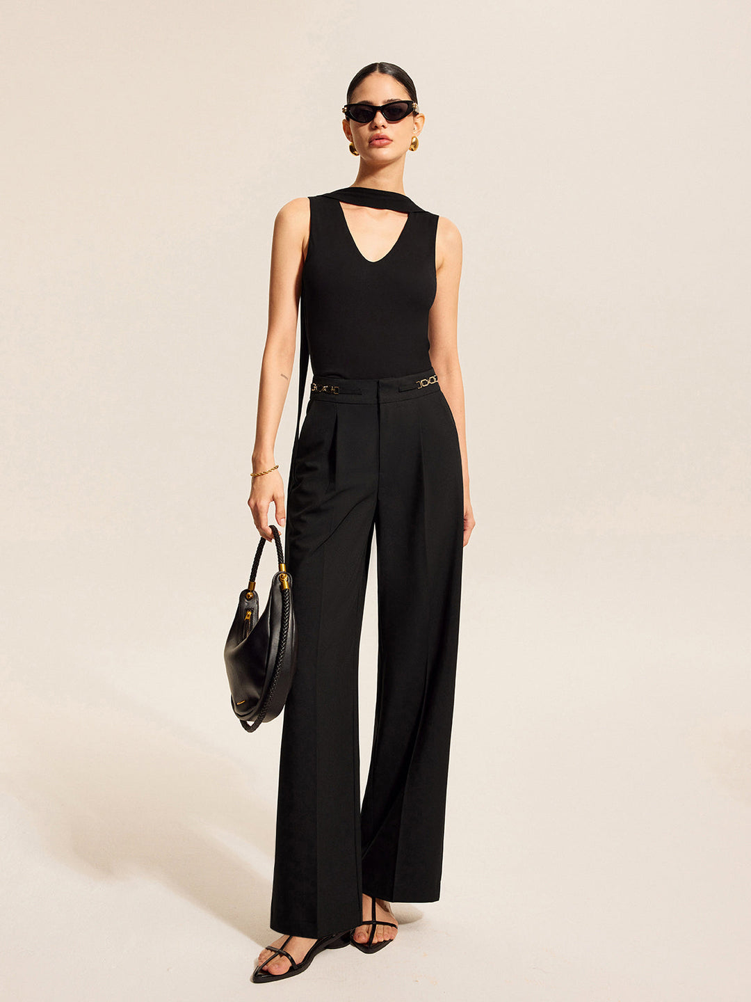 Mid-Waist Pleated Pants With Chain Detail  Liora Lane Boutique Pants