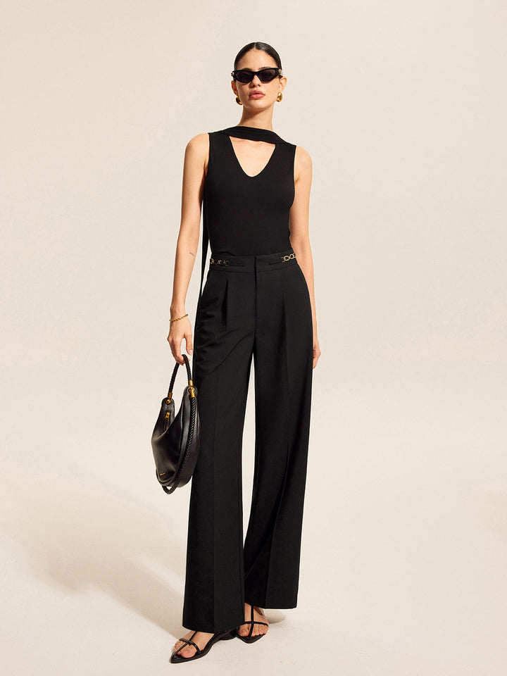 Mid-Waist Pleated Pants With Chain Detail  Liora Lane Boutique Pants