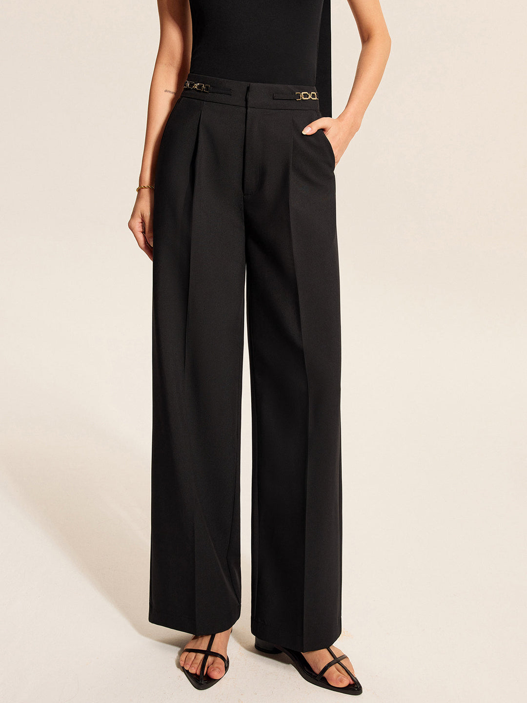 Mid-Waist Pleated Pants With Chain Detail  Liora Lane Boutique Pants