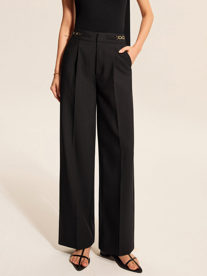 Mid-Waist Pleated Pants With Chain Detail  Liora Lane Boutique Pants