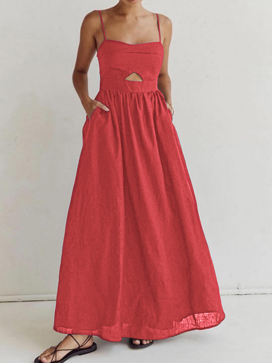 Cotton Sleeveless Pockets Cutout Long Dress  Liora Lane Boutique Dresses Red / XL 49.00