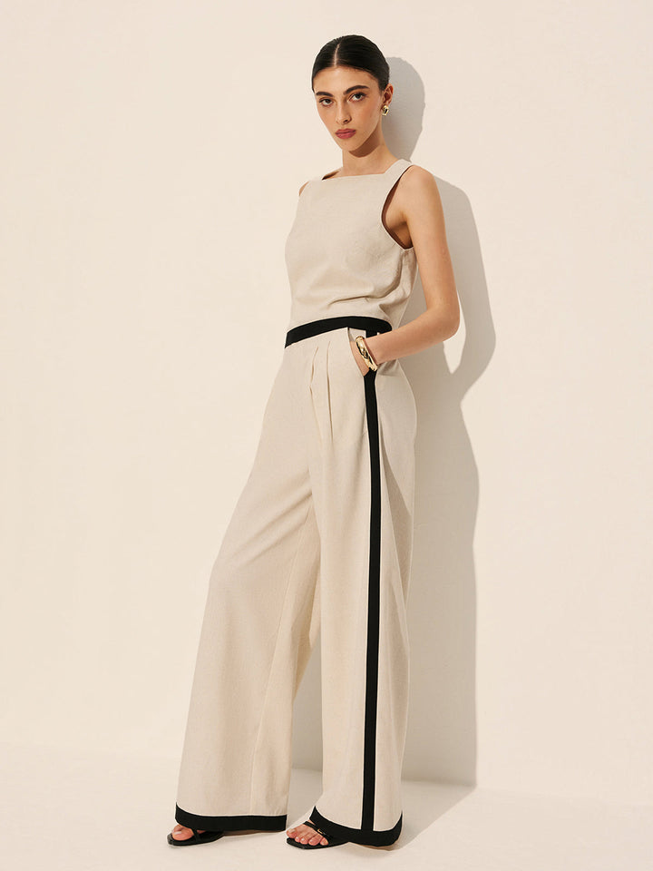 Linen & Cotton Zipper Contrast Binding Pant Set  Liora Lane Boutique Pant Sets Apricot / XL 157.99