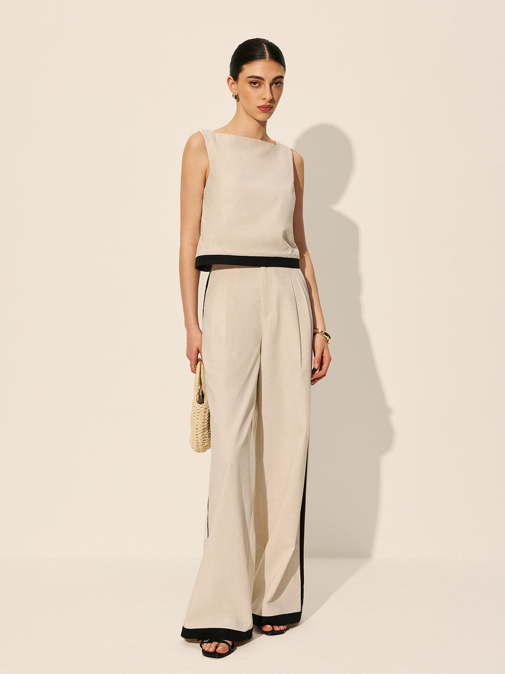 Linen & Cotton Zipper Contrast Binding Pant Set  Liora Lane Boutique Pant Sets