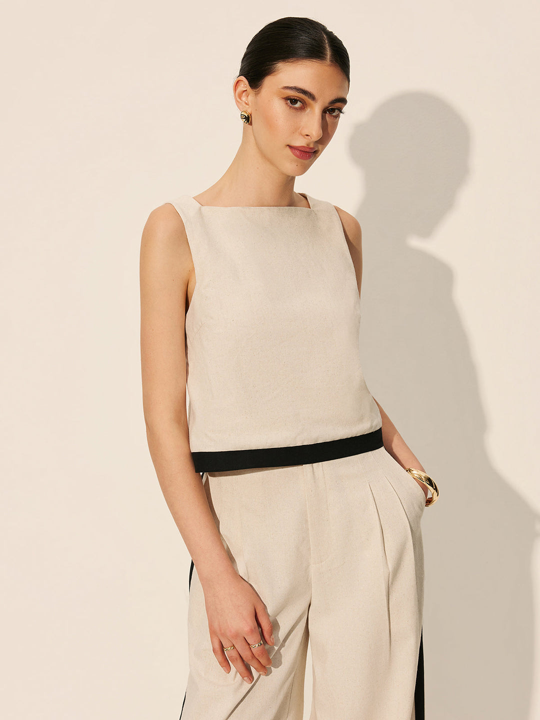 Linen & Cotton Zipper Contrast Binding Pant Set  Liora Lane Boutique Pant Sets