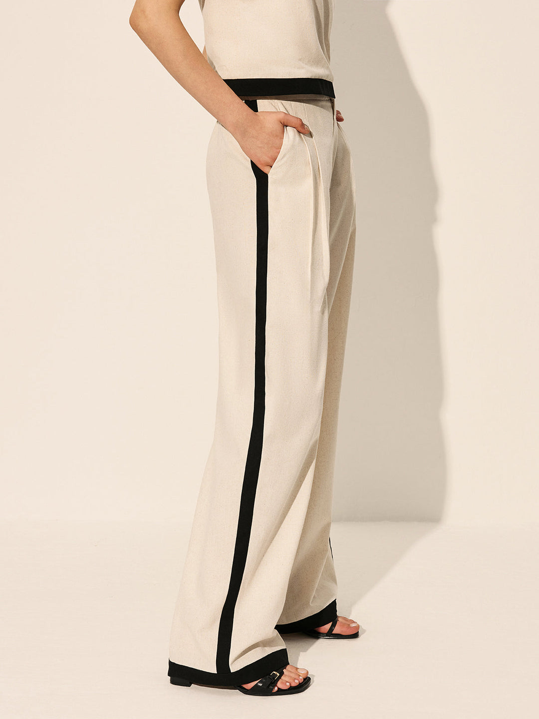 Linen & Cotton Zipper Contrast Binding Pant Set  Liora Lane Boutique Pant Sets