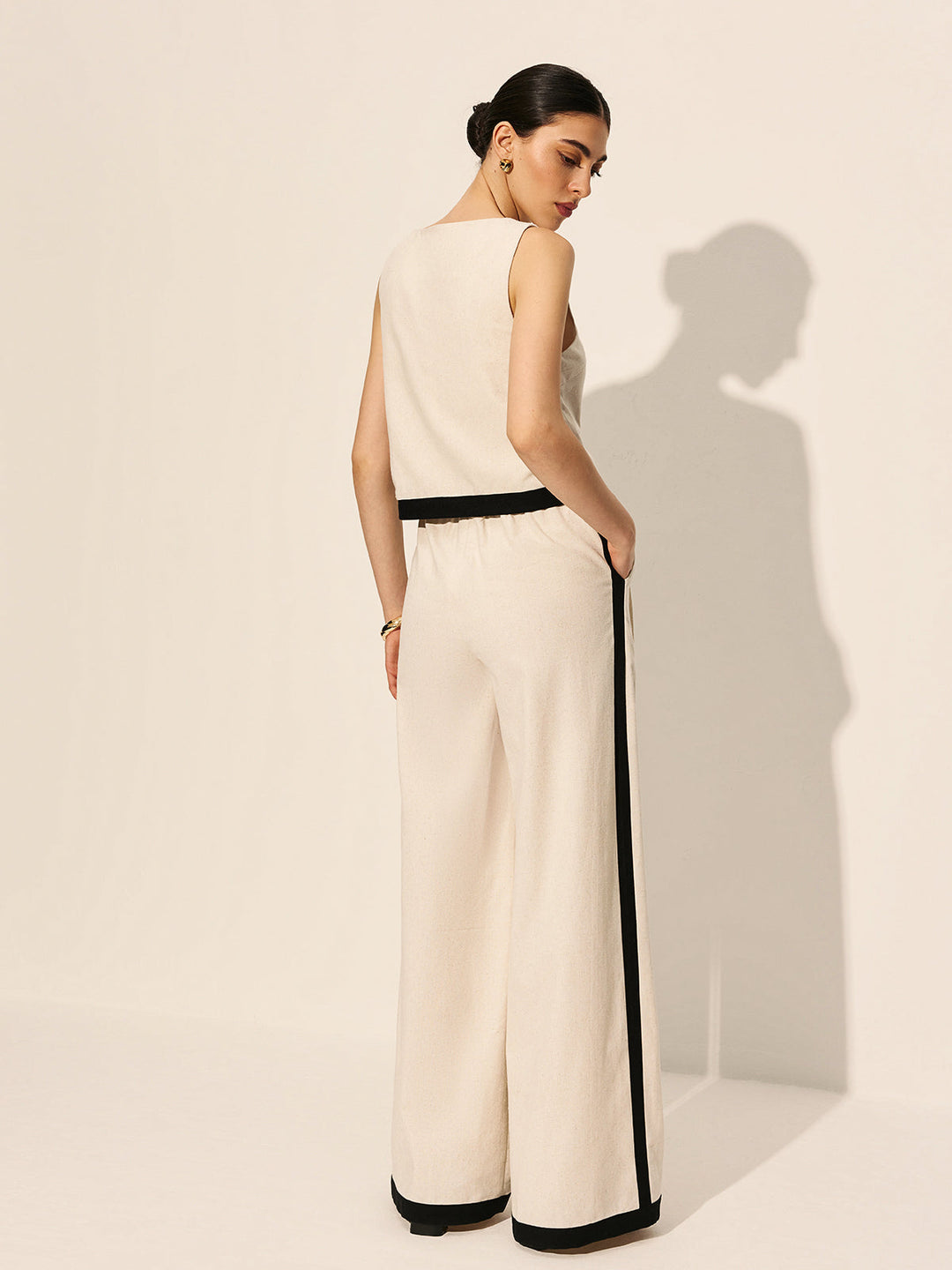 Linen & Cotton Zipper Contrast Binding Pant Set  Liora Lane Boutique Pant Sets