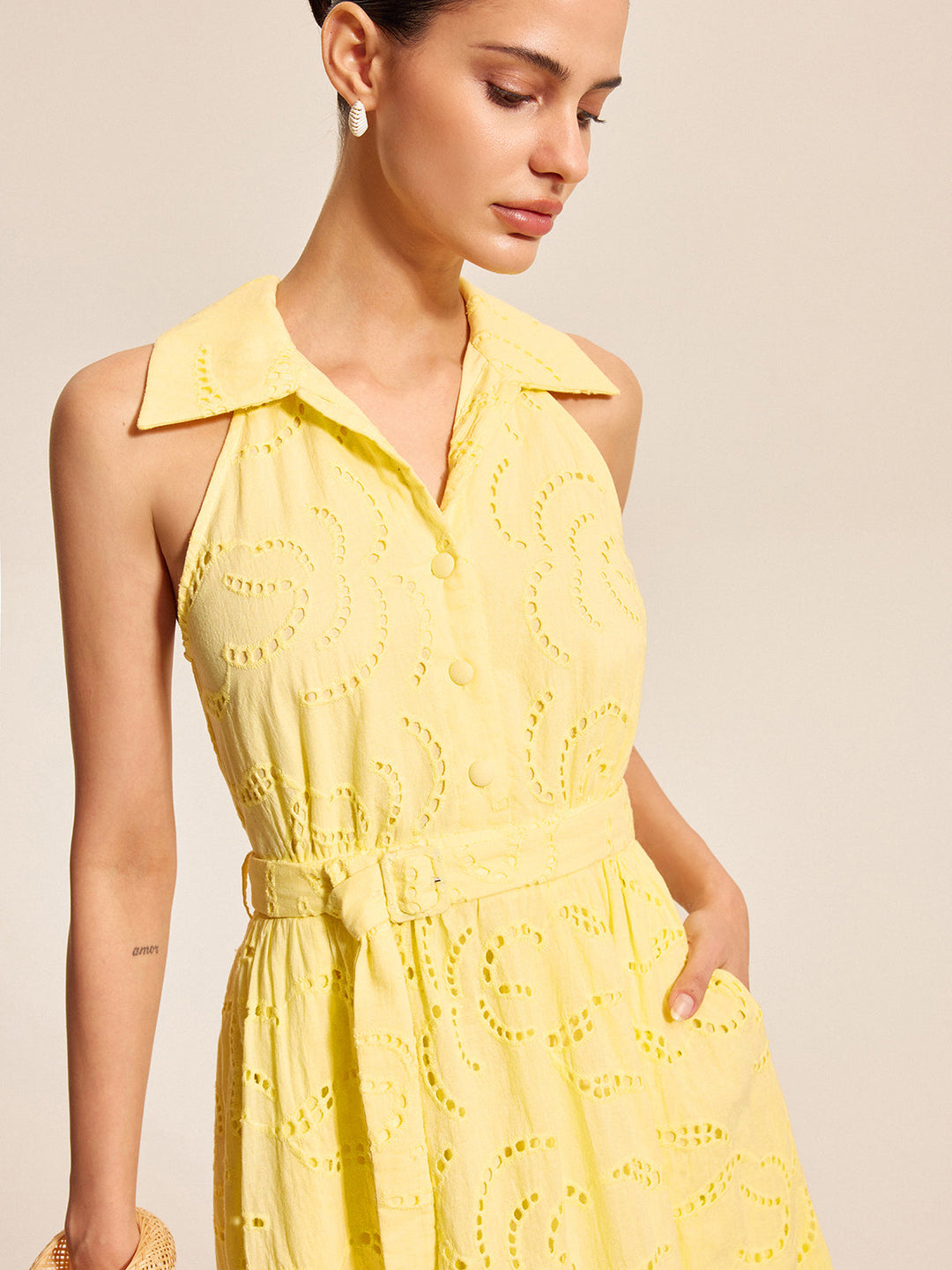 Cotton Belted Embroidered Dress  Liora Lane Boutique Dresses