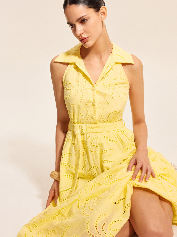 Cotton Belted Embroidered Dress  Liora Lane Boutique Dresses Yellow / XL 84.99
