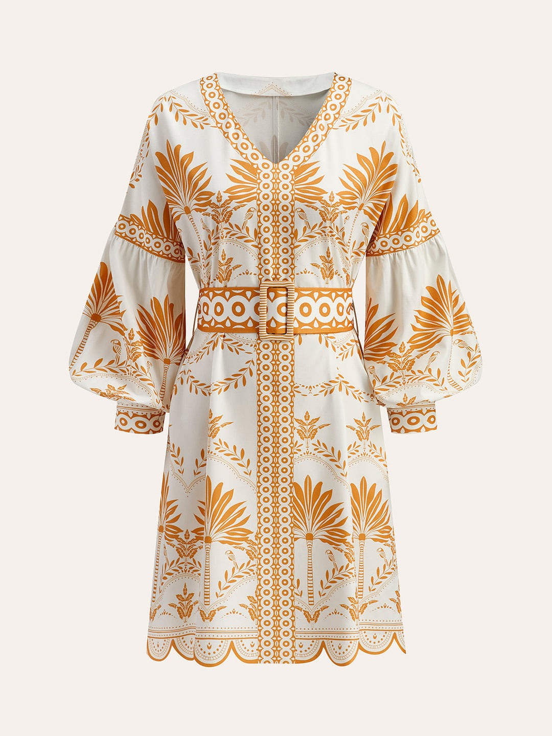 Boho Print V-Neck Belted Dress  Liora Lane Boutique Floral Dresses Yellow / XL 38.00