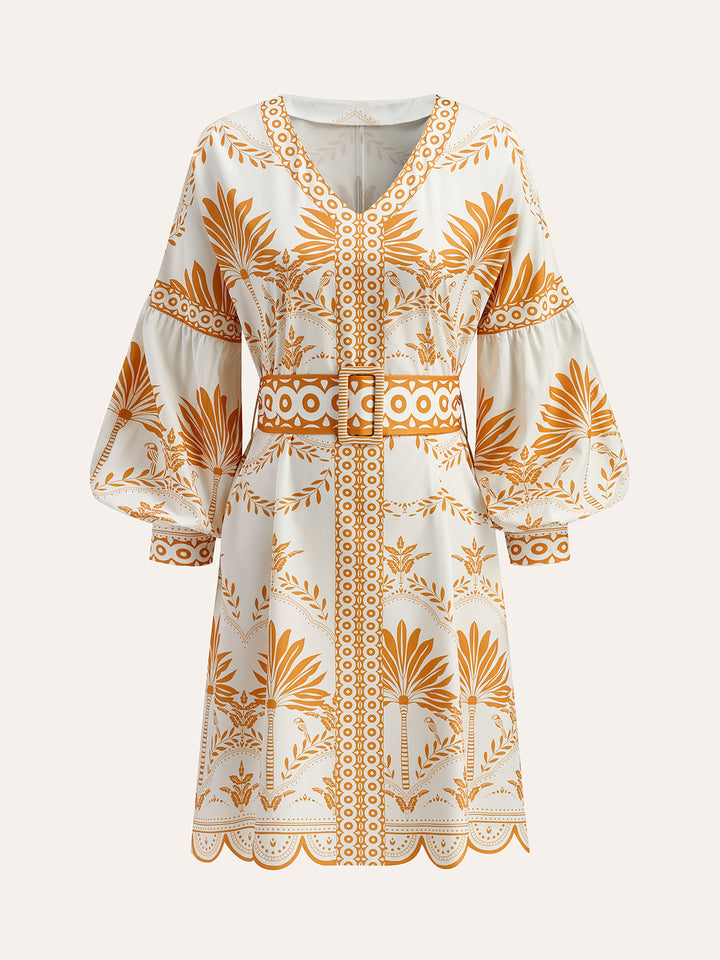 Boho Print V-Neck Belted Dress  Liora Lane Boutique Floral Dresses Yellow / XL 38.00