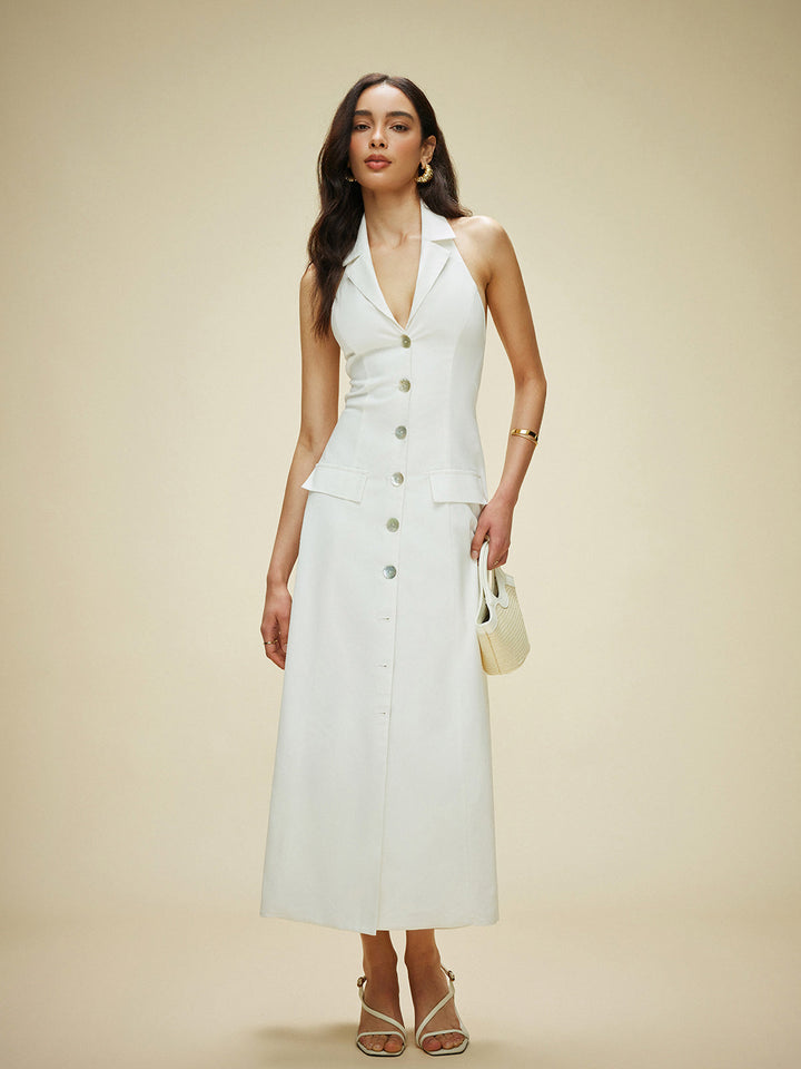 Cotton & Linen Pocket-Detail Halter Neck Tie-Back Dress  Liora Lane Boutique Dresses