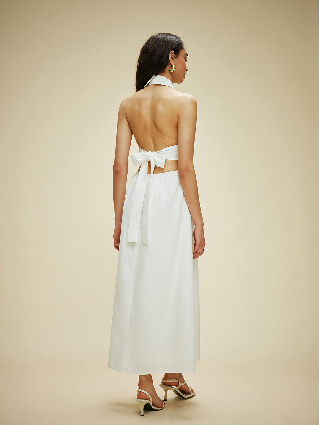 Cotton & Linen Pocket-Detail Halter Neck Tie-Back Dress  Liora Lane Boutique Dresses