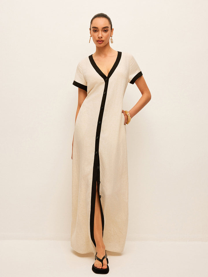 Cotton & Linen High-Slit Contrast Trim Dress  Liora Lane Boutique Dresses