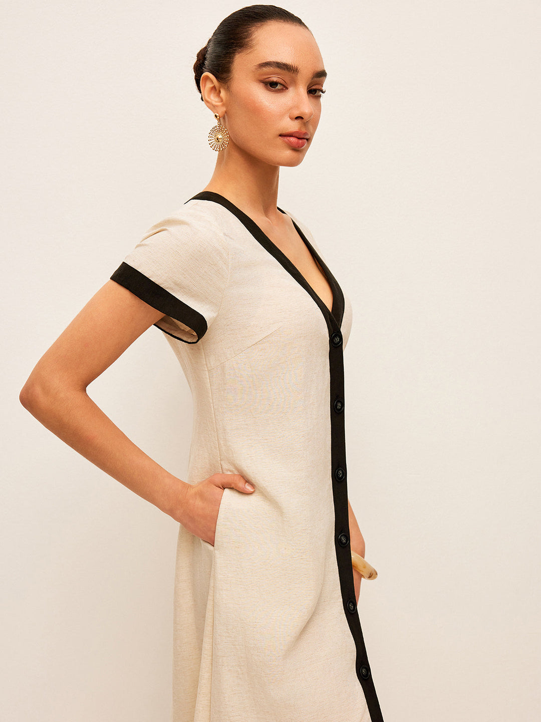 Cotton & Linen High-Slit Contrast Trim Dress  Liora Lane Boutique Dresses