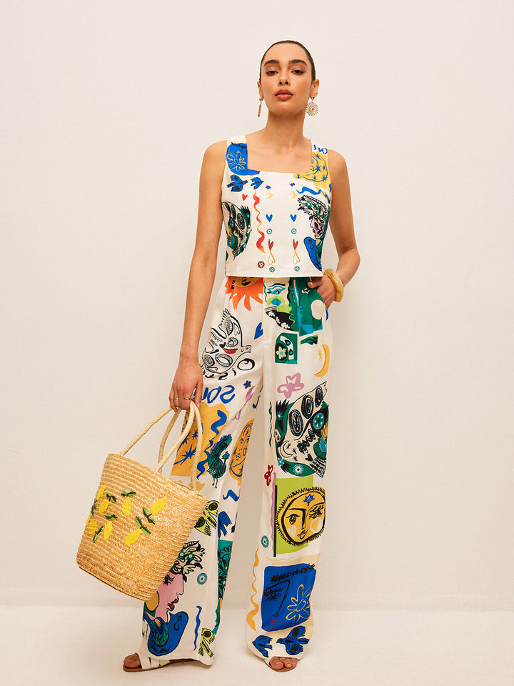 Graphic Print Crop Top With Wide-Leg Pants Set  Liora Lane Boutique Pant Sets