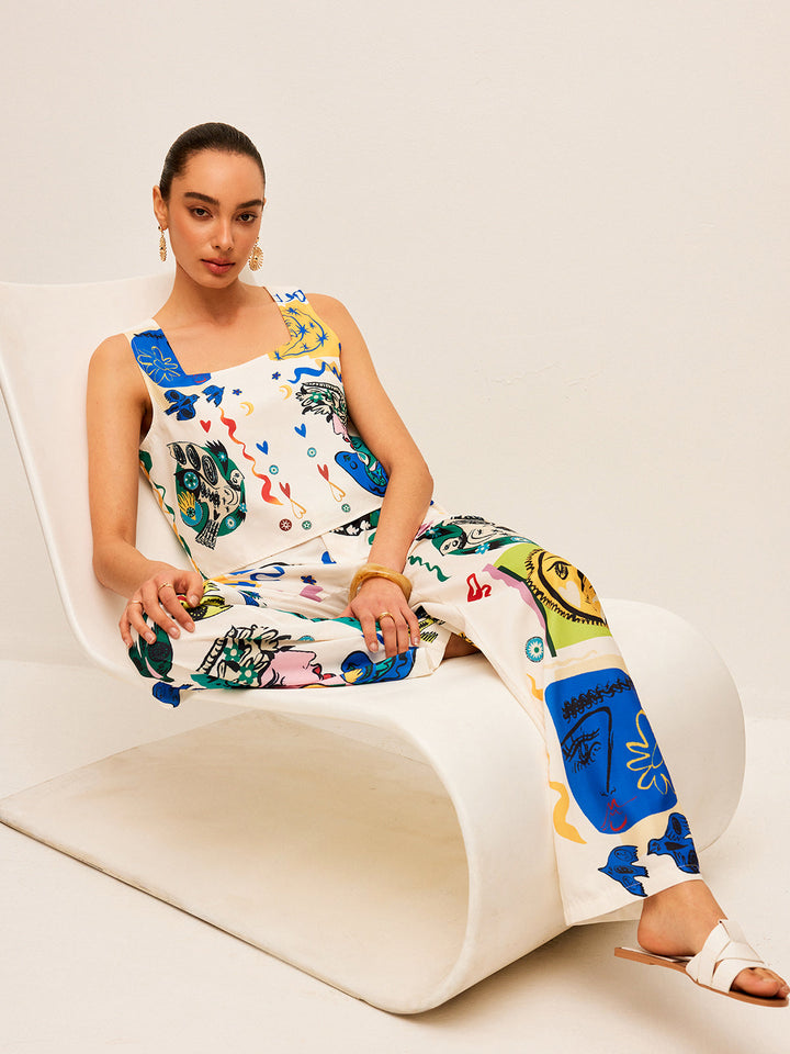 Graphic Print Crop Top With Wide-Leg Pants Set  Liora Lane Boutique Pant Sets