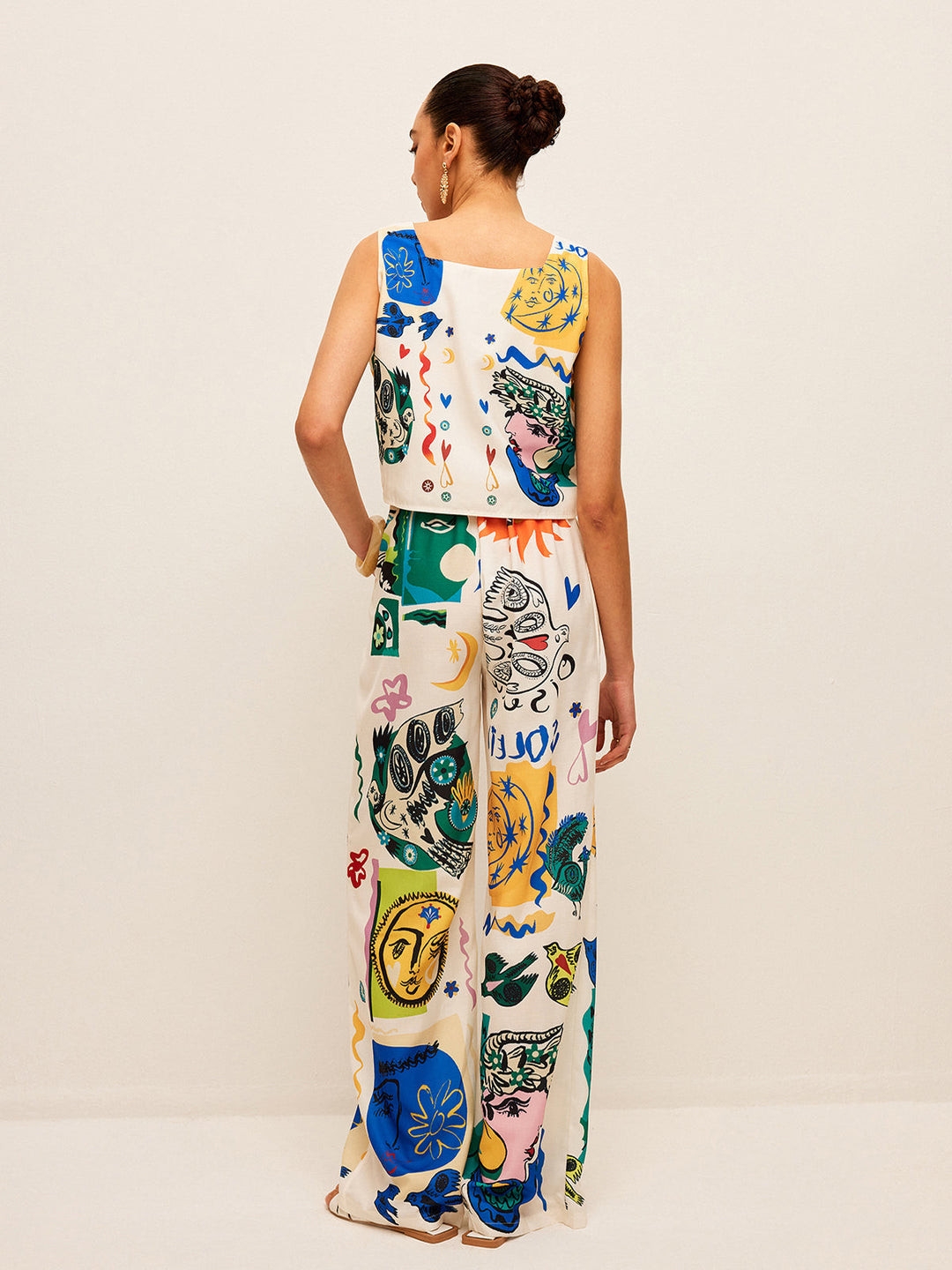 Graphic Print Crop Top With Wide-Leg Pants Set  Liora Lane Boutique Pant Sets