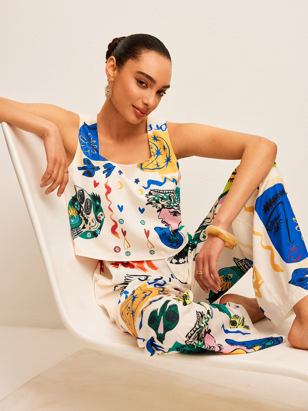 Graphic Print Crop Top With Wide-Leg Pants Set  Liora Lane Boutique Pant Sets